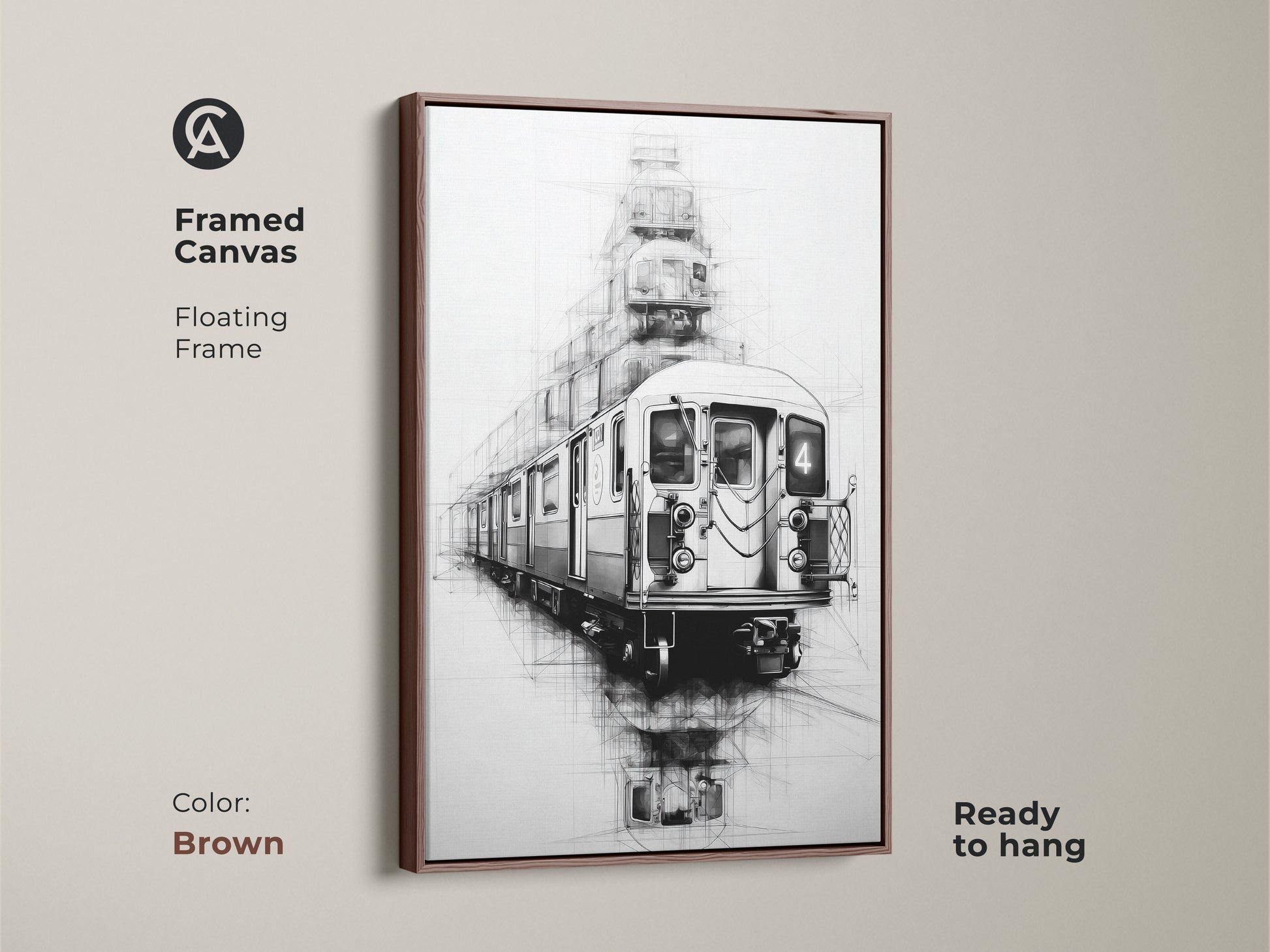 A framed canvas with a brown floating frame showcases urban line art of a subway train ready to hang. The black white sketch art has an industrial loft aesthetic. This transportation art print adds modern decor.