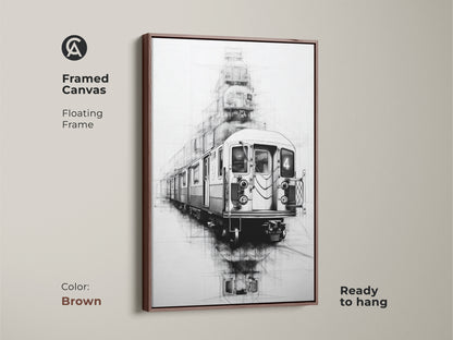 A framed canvas with a brown floating frame showcases urban line art of a subway train ready to hang. The black white sketch art has an industrial loft aesthetic. This transportation art print adds modern decor.