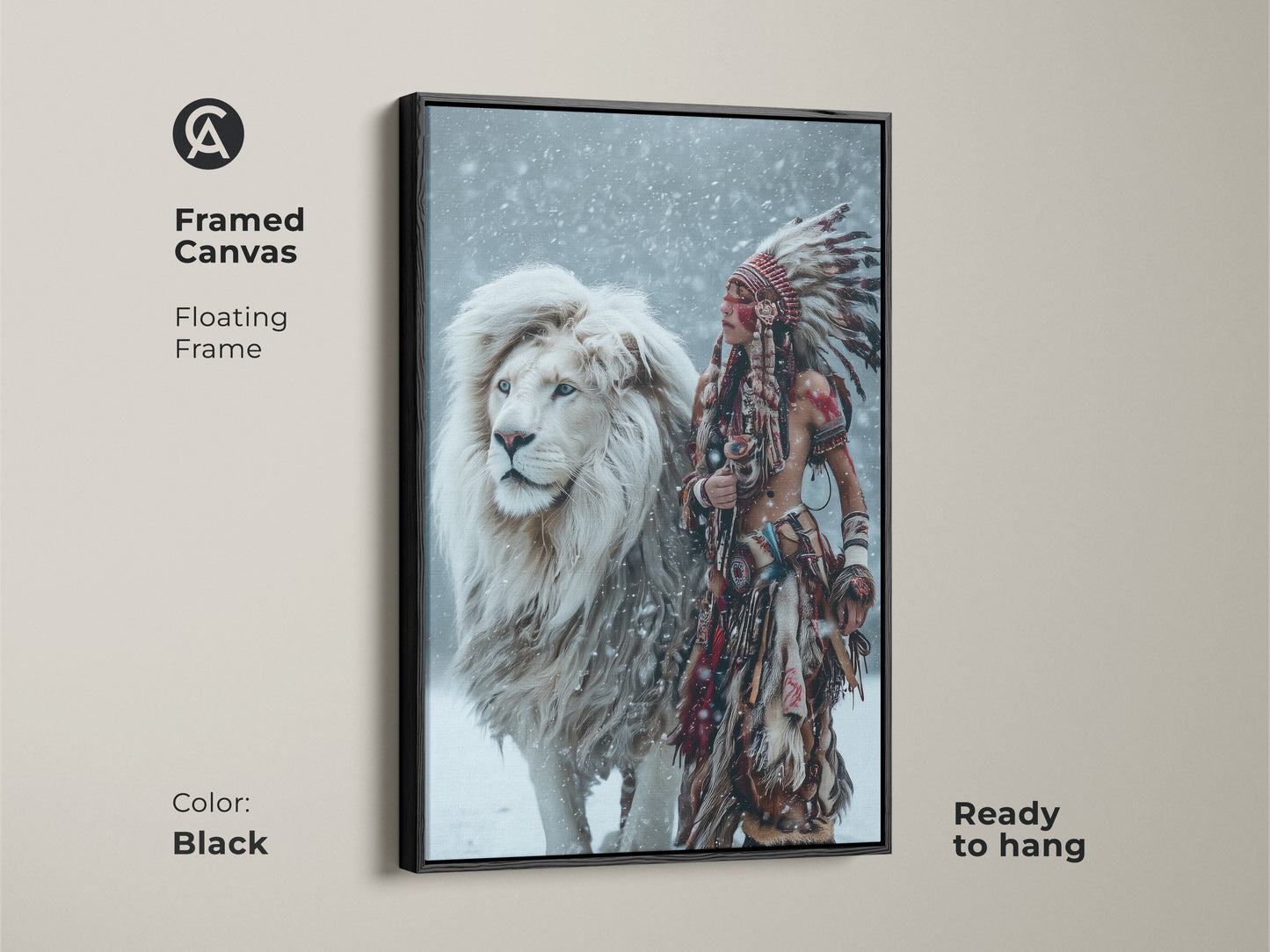See the Majestic Harmony framed canvas art. A black floating frame enhances the Native American figure and white lion. This artwork is ready to hang. It brings an element of sophistication to your living space. Order yours now.