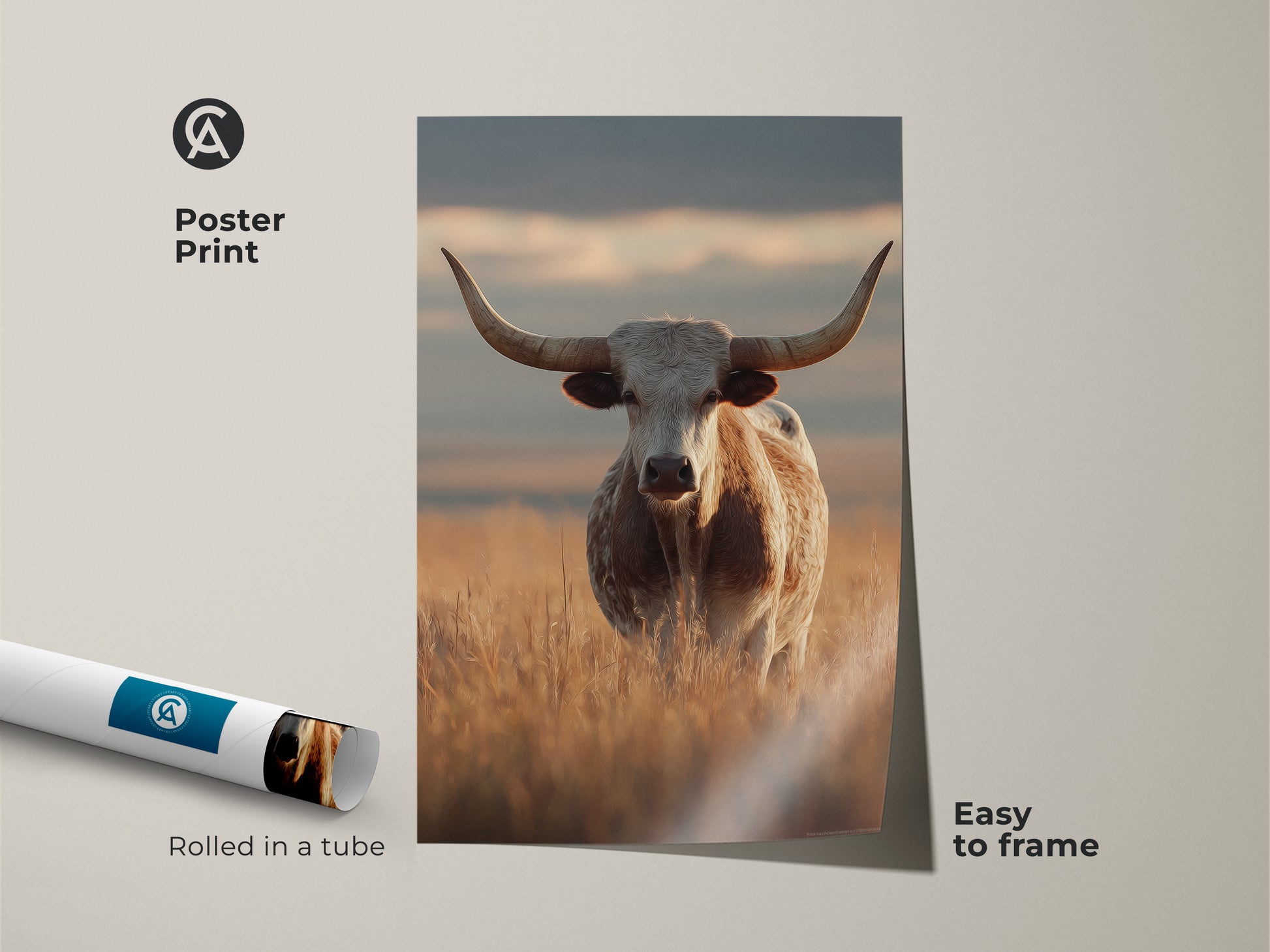 Easy-to-frame poster print featuring a photorealistic longhorn cattle. This rustic farmhouse animal artwork adds a touch of the American West to any space. Ideal for lovers of country living room art.