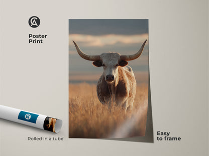 Easy-to-frame poster print featuring a photorealistic longhorn cattle. This rustic farmhouse animal artwork adds a touch of the American West to any space. Ideal for lovers of country living room art.