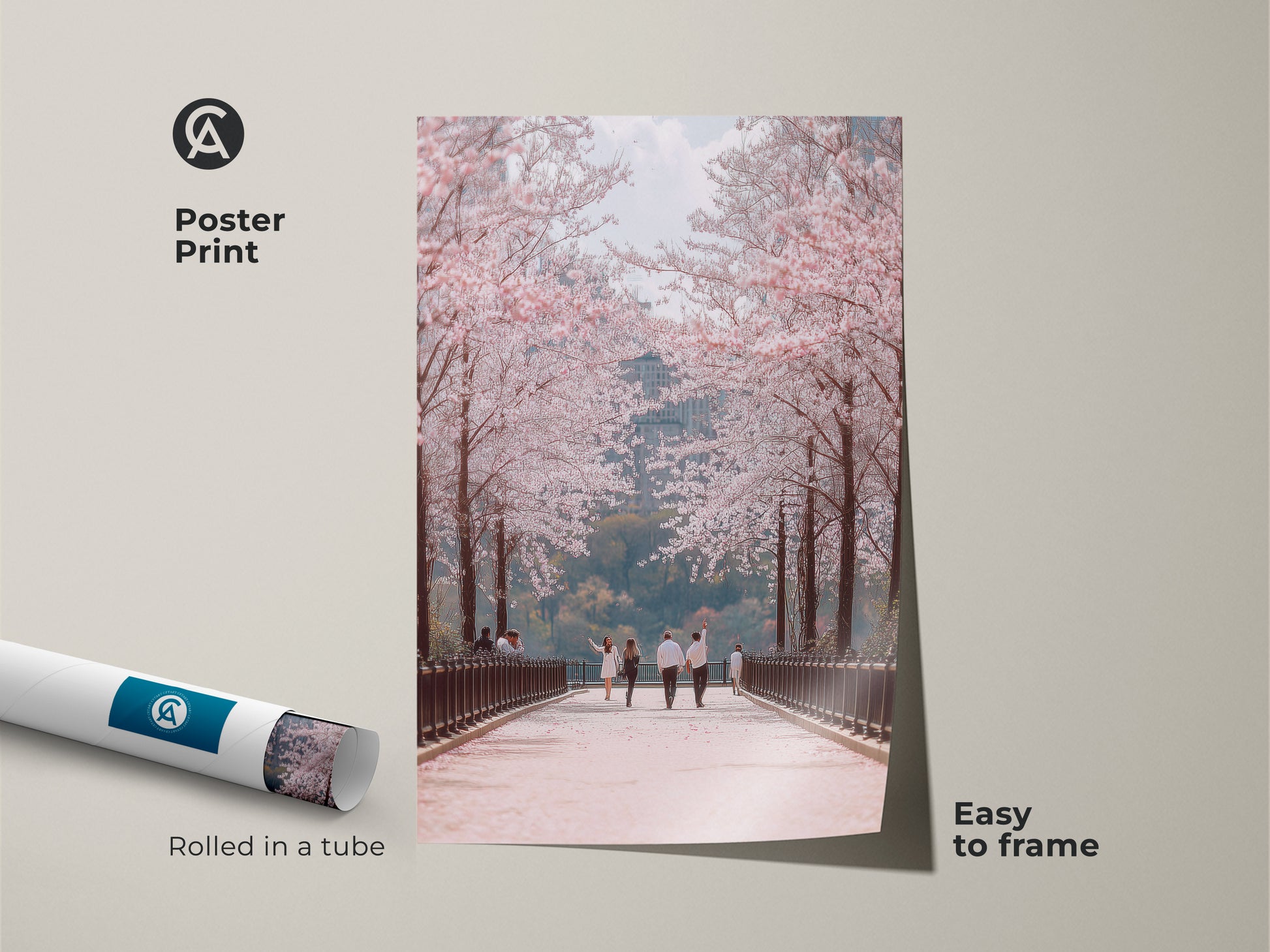 This poster print showcases a couple on a cherry blossom path. It is an elegant travel art piece rolled in a tube for easy framing. The pastel pink and green tones create a soft botanical artwork. Ideal as springtime wall decor for a bedroom or living space.