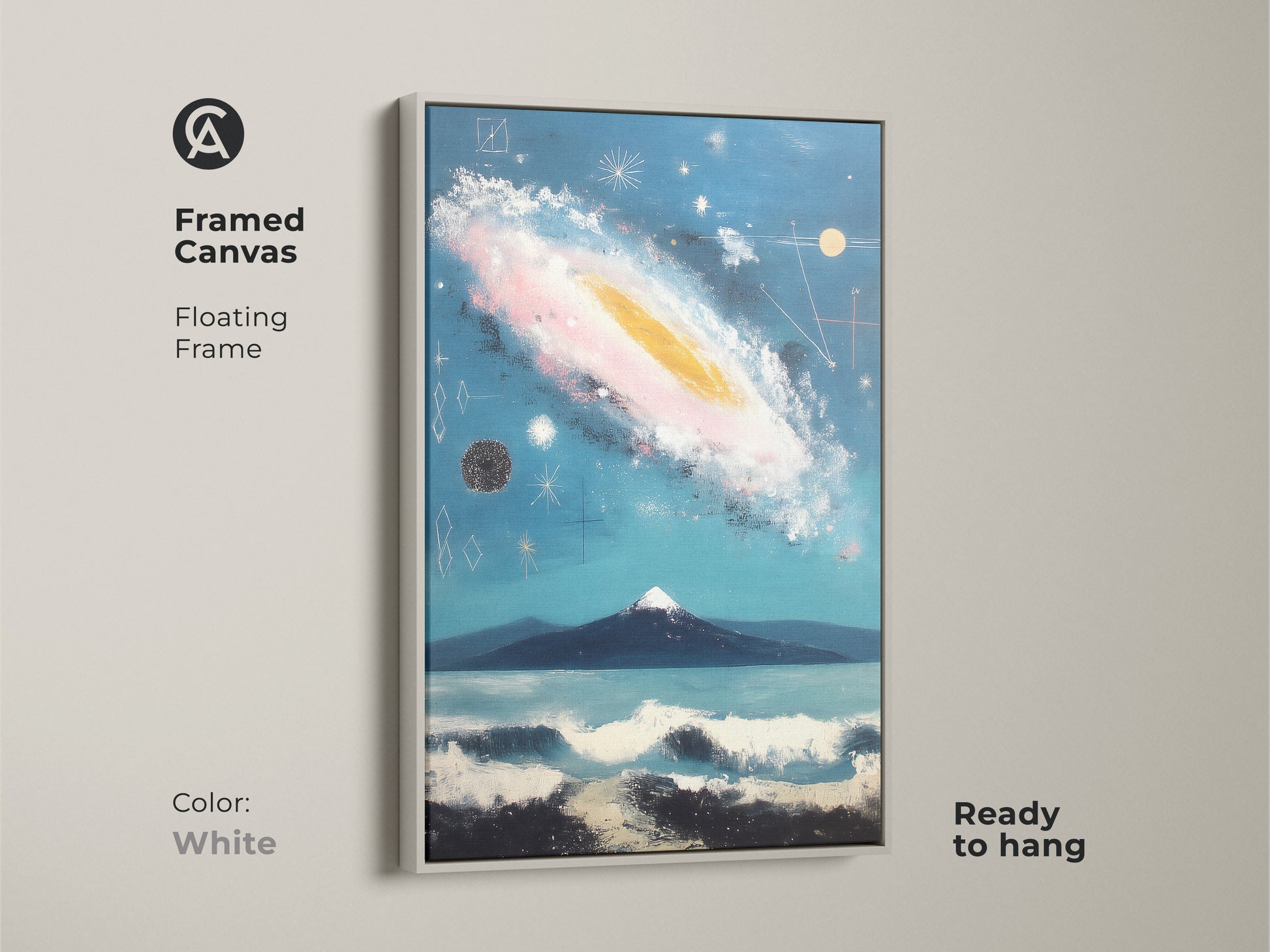 Print presentation options with an abstract galaxy theme. It features poster stretched and framed canvas. A museum-quality piece with mirror edges. Floating frames in black brown oak antique gold and white colors.