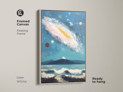 Print presentation options with an abstract galaxy theme. It features poster stretched and framed canvas. A museum-quality piece with mirror edges. Floating frames in black brown oak antique gold and white colors.