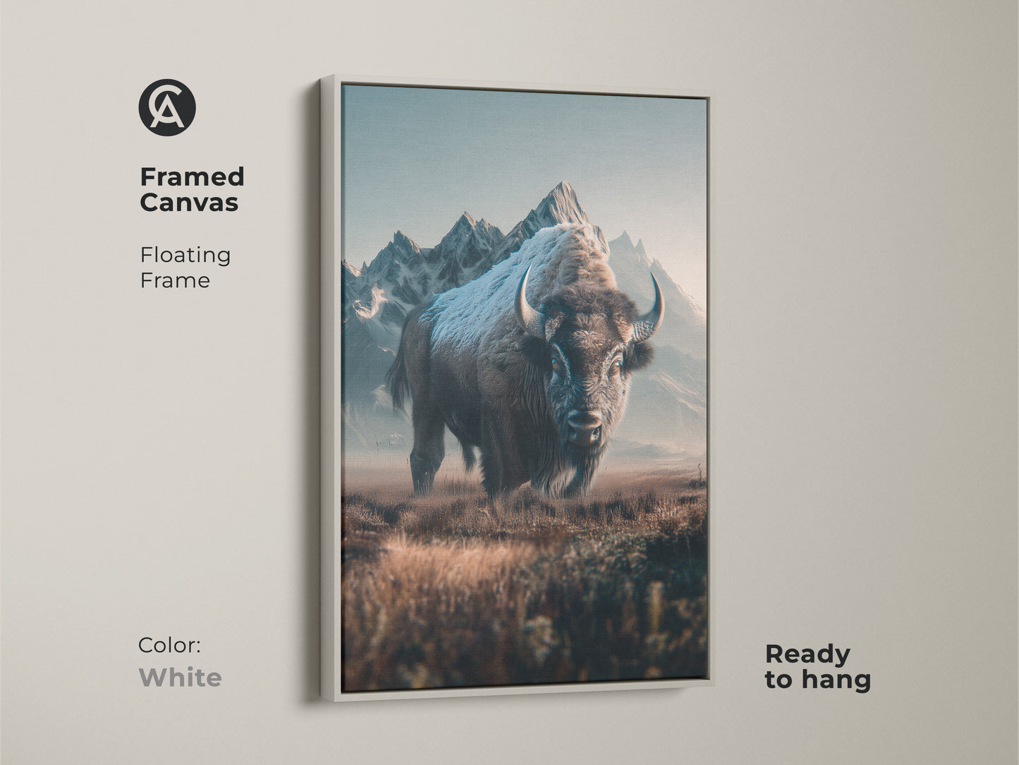 White framed canvas art displaying a bison in a mountain setting. The floating frame offers a modern touch. This ready-to-hang piece brings serene wildlife art into your home decor collection.