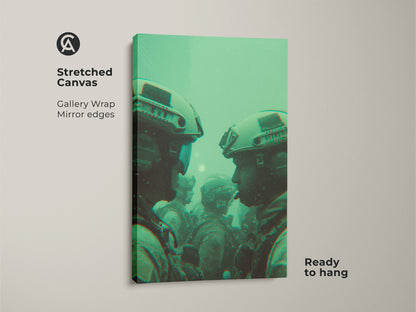 Stretched canvas artwork featuring soldiers in helmets. This green toned military art has mirror edges. The contemporary wall decor will look great in your home. This canvas is ready to hang