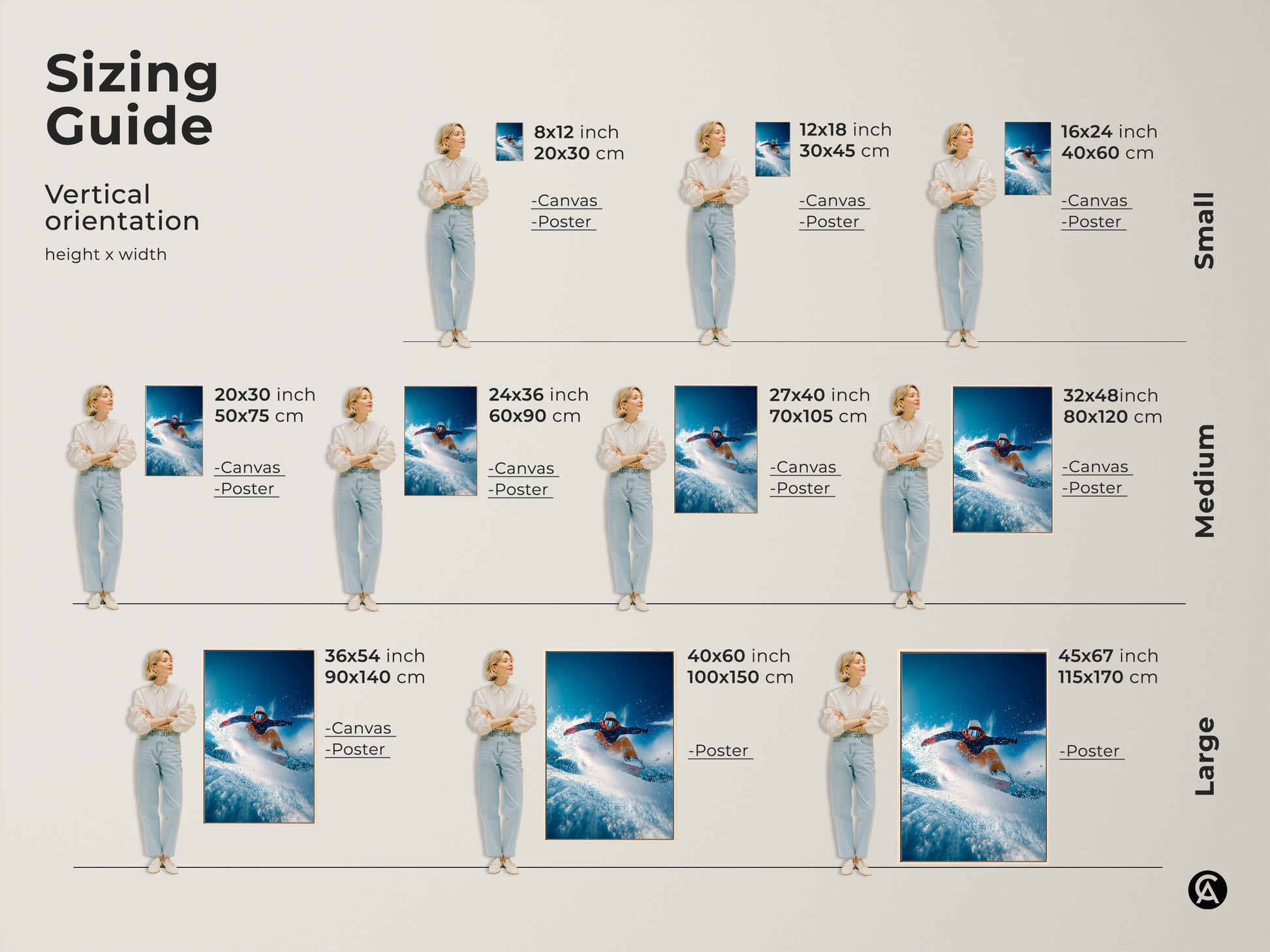 A sizing guide for vertical snowboarder art. Available as canvas or poster prints. Sizes range from small to large. Find the perfect fit for your space with our versatile art options today.
