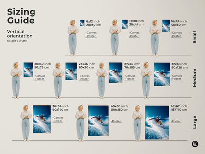 A sizing guide for vertical snowboarder art. Available as canvas or poster prints. Sizes range from small to large. Find the perfect fit for your space with our versatile art options today.