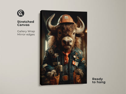 This stretched canvas features a steampunk buffalo. The animal canvas wall art has a denim blue and orange color palette. Perfect for office decor or as a unique Father's Day gift. The anthropomorphic buffalo artwork blends animal and human traits for an industrial style.