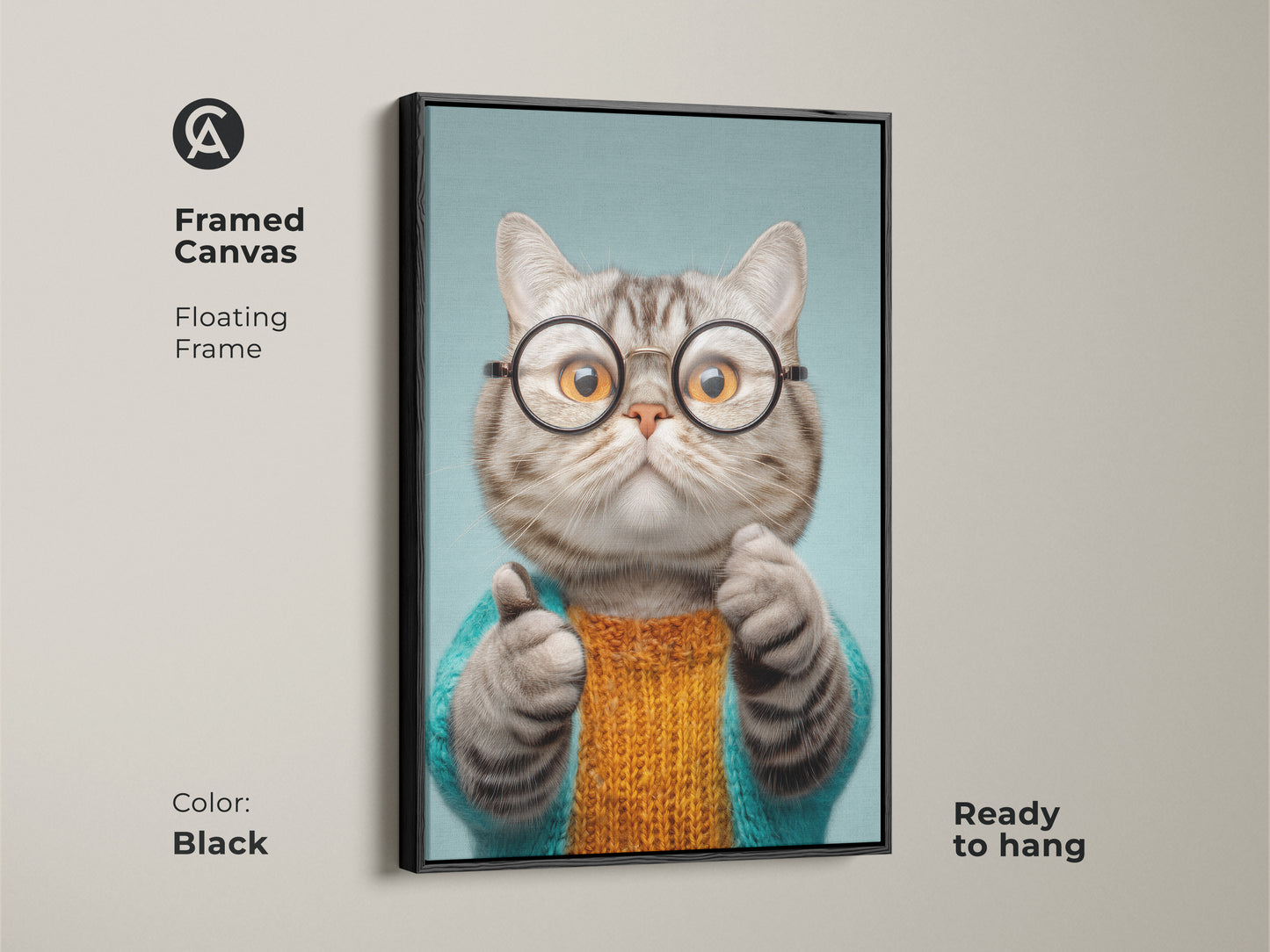 Framed canvas of a quirky cat art print. This floating frame features a funny cat wearing glasses and a teal sweater. This eclectic animal wall art is ready to hang. The black frame enhances the orange and teal cat artwork. This pet portrait wall decor adds charm to any room.