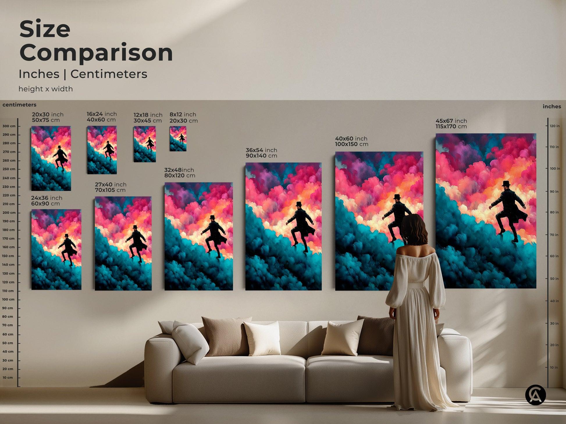 Compare the sizes of our surreal art prints. Sizes range from 8x12 inches to 45x67 inches. This expressive cloudscape art makes a statement in any room. See how the art transforms your living space with our size comparison guide.