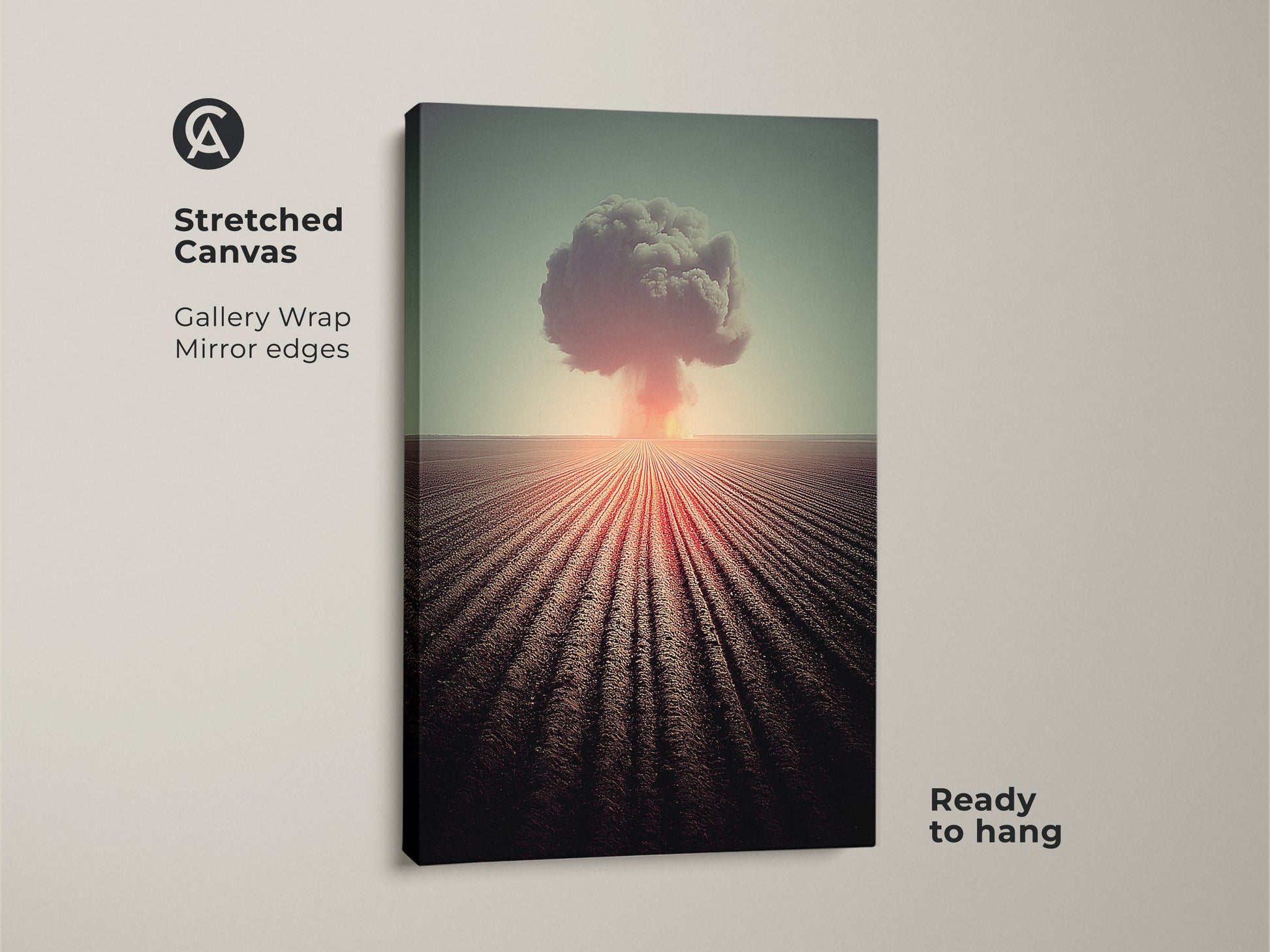 This stretched canvas features surreal nuclear explosion artwork. The gallery wrap with mirror edges enhances the industrial style. Orange red and teal tones create a striking visual. Ready to hang this canvas is perfect for office artwork. It is a unique gift for men. This art adds a dramatic landscape to any space.