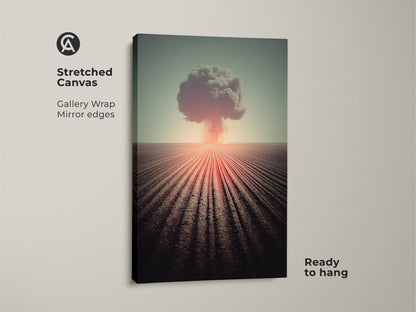 This stretched canvas features surreal nuclear explosion artwork. The gallery wrap with mirror edges enhances the industrial style. Orange red and teal tones create a striking visual. Ready to hang this canvas is perfect for office artwork. It is a unique gift for men. This art adds a dramatic landscape to any space.