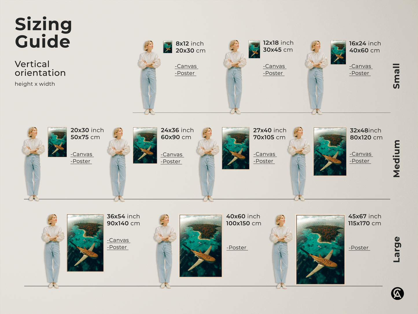 Find the perfect size with our vertical sizing guide. Visualize the tiger shark canvas art in small medium and large formats. See how this surreal ocean canvas print fits in any space. Enhance your home decor with this unique island paradise art.