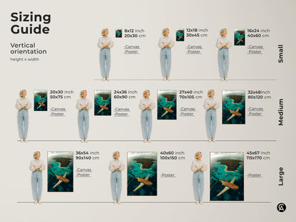 Find the perfect size with our vertical sizing guide. Visualize the tiger shark canvas art in small medium and large formats. See how this surreal ocean canvas print fits in any space. Enhance your home decor with this unique island paradise art.
