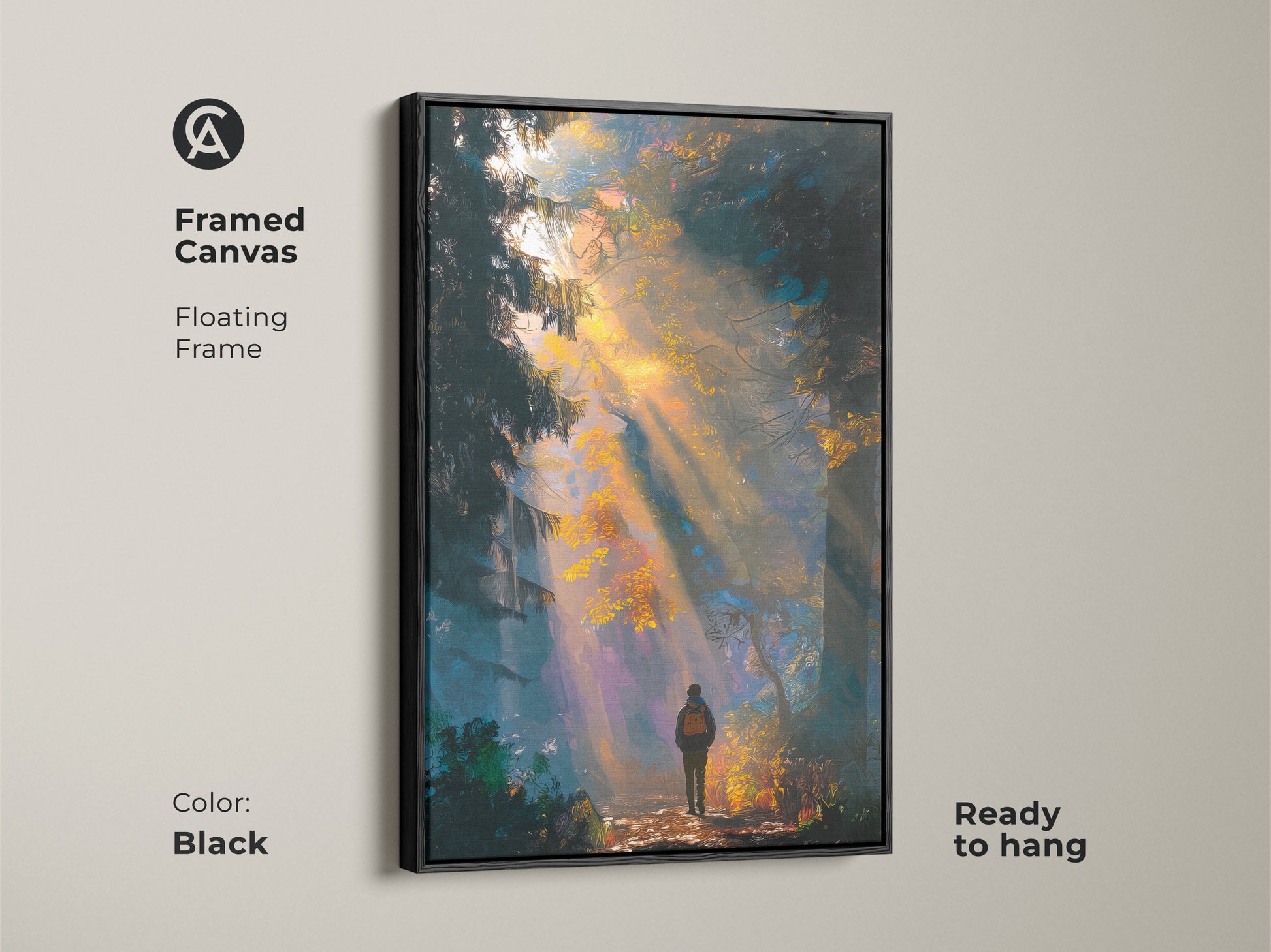 Framed canvas art featuring a hiker in a sunlit forest. The floating black frame enhances the artwork. This ready-to-hang piece adds sophistication to any room. The forest scene is captivating and serene. A perfect blend of nature and art for your home.