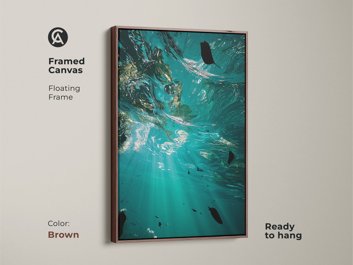 Framed canvas with a floating brown frame featuring underwater ocean art. The teal and aqua colors enhance this coastal wall decor. A perfect housewarming gift idea for beach lovers adding naturalistic beauty.