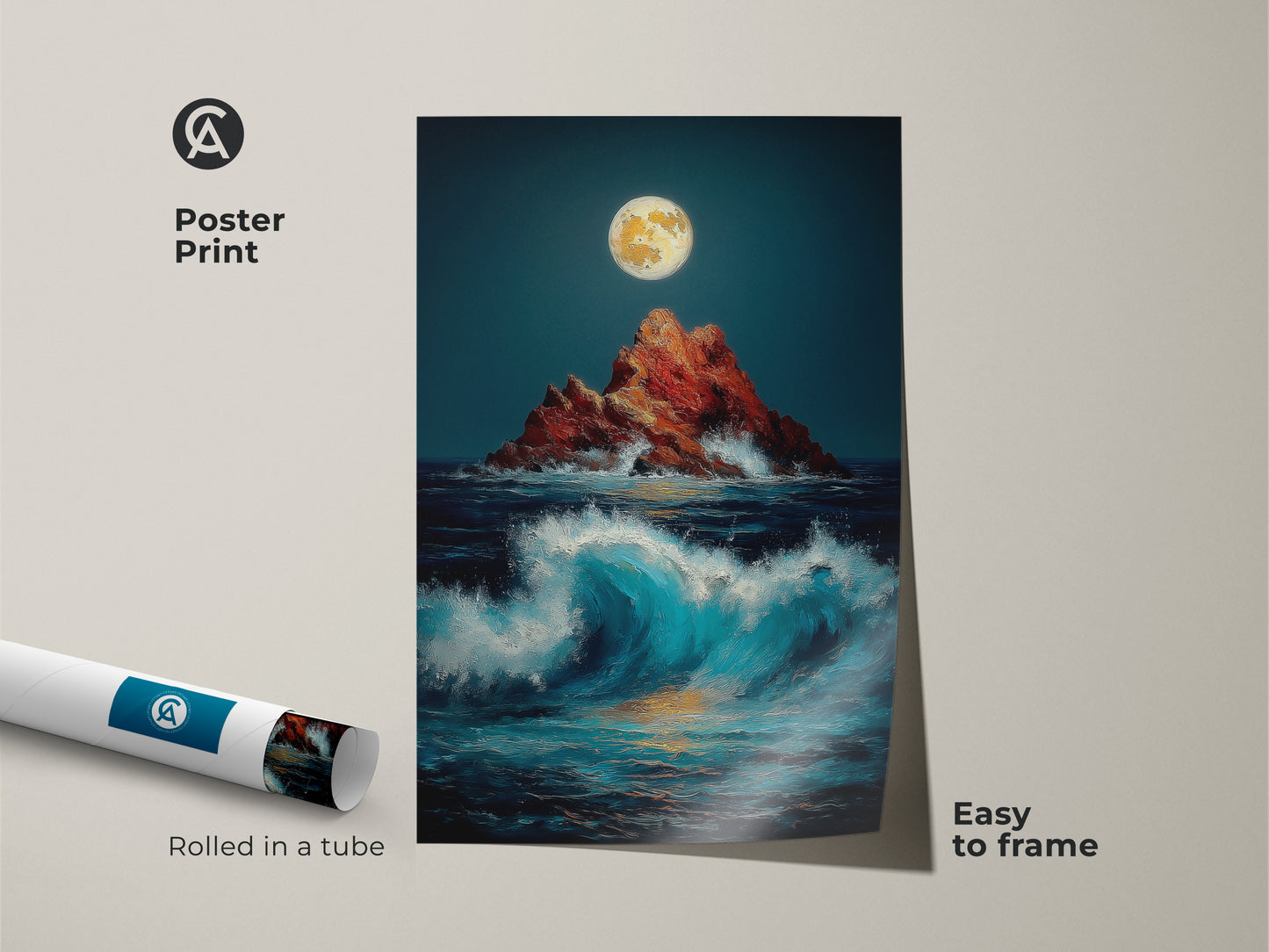 A poster print displays dramatic ocean waves under a full moon. This coastal landscape print of a rocky island is easy to frame. It brings deep blue and orange accents to your home decor.