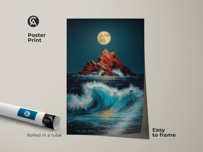 A poster print displays dramatic ocean waves under a full moon. This coastal landscape print of a rocky island is easy to frame. It brings deep blue and orange accents to your home decor.