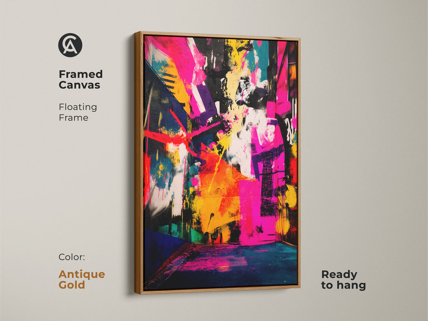 Framed canvas print of vibrant abstract artwork. The floating frame is an antique gold color. This modern art piece is ready to hang. The painting features bold colors like pink yellow and blue. Enhance your living space with this framed canvas art print. A stylish and unique decor item.