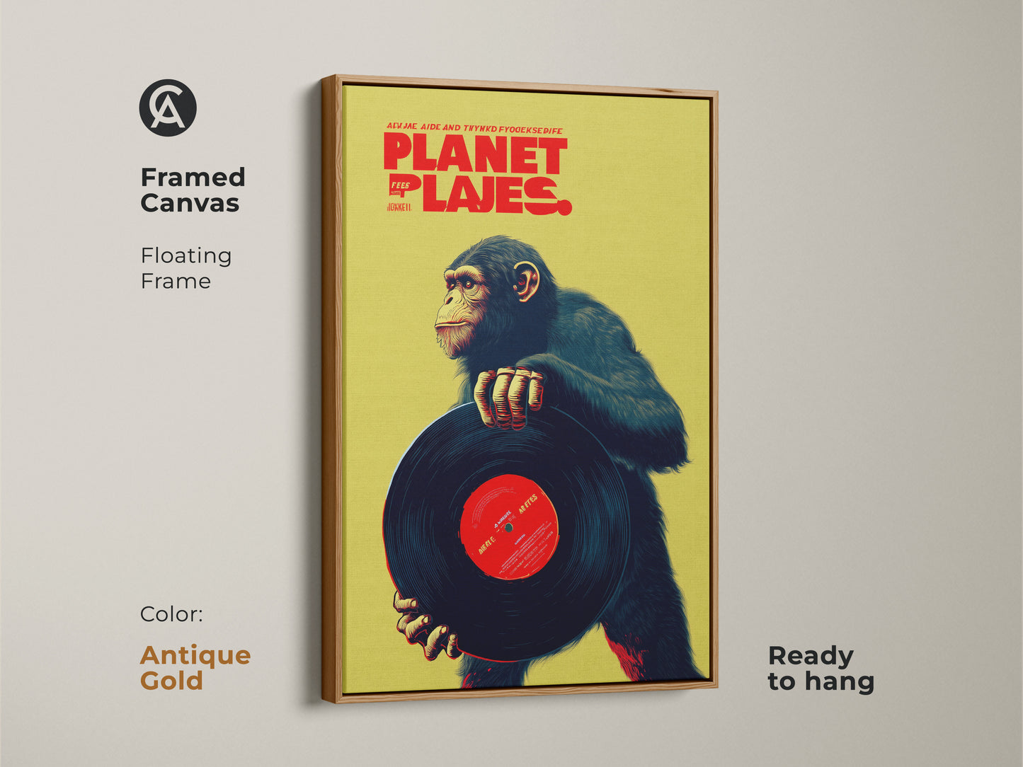 Framed canvas featuring a chimpanzee holding a vinyl record art print in an antique gold floating frame. This eclectic animal artwork adds a retro music vibe to your space. The vibrant lime and red colors make it a unique piece for a den or office wall decor.