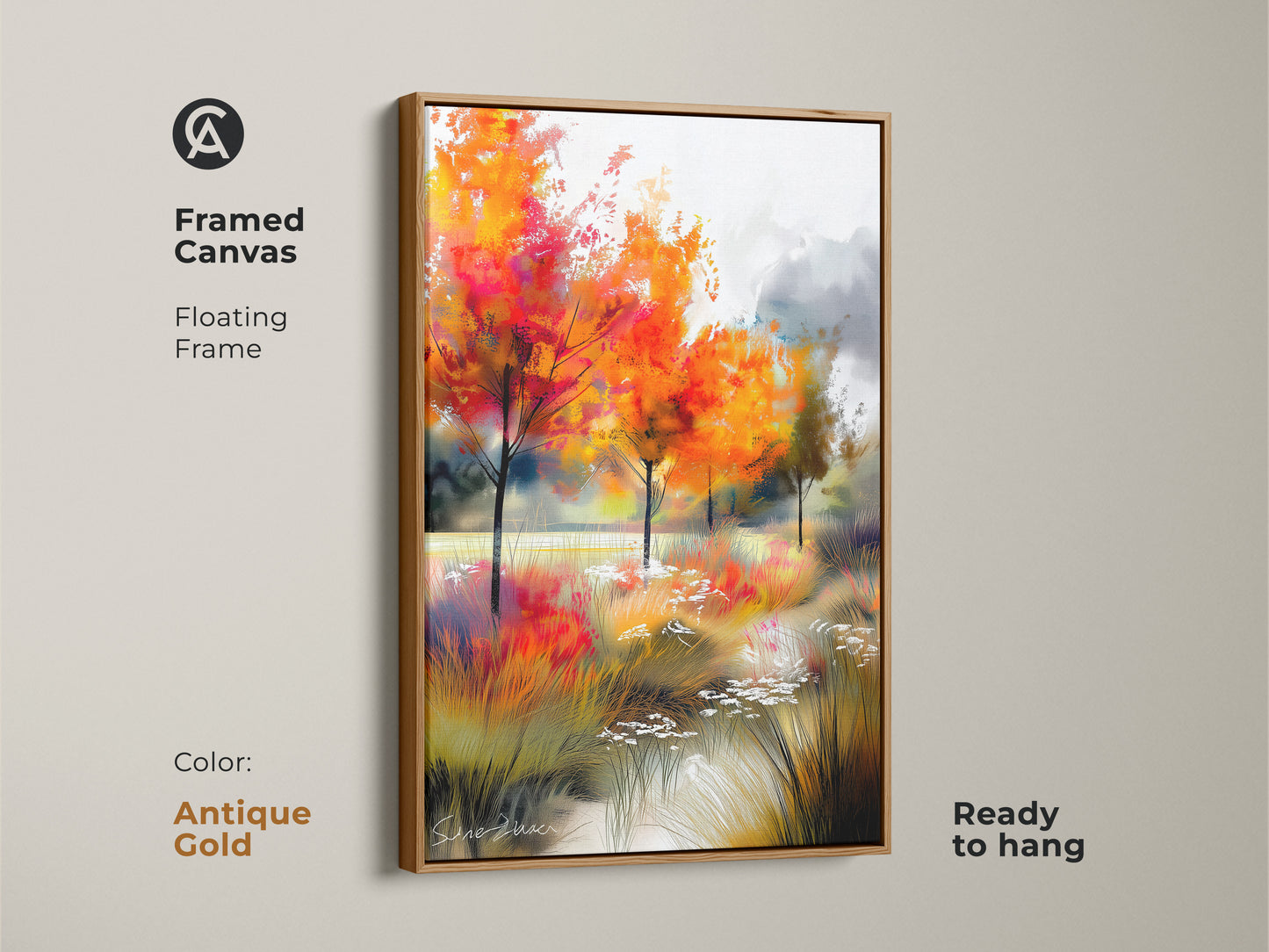 Antique gold framed canvas artwork of a fall landscape. The floating frame enhances this colorful art. Ready to hang this gallery artwork features orange trees and a serene stream. A touch of elegance.