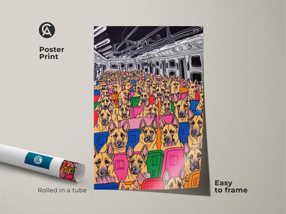 This poster print features a cartoon dog subway scene in a pop art style. The dogs fill the subway car in an eclectic mix of yellow blue and pink tones. Rolled in a tube this print is easy to frame. A perfect gift for dog lovers.