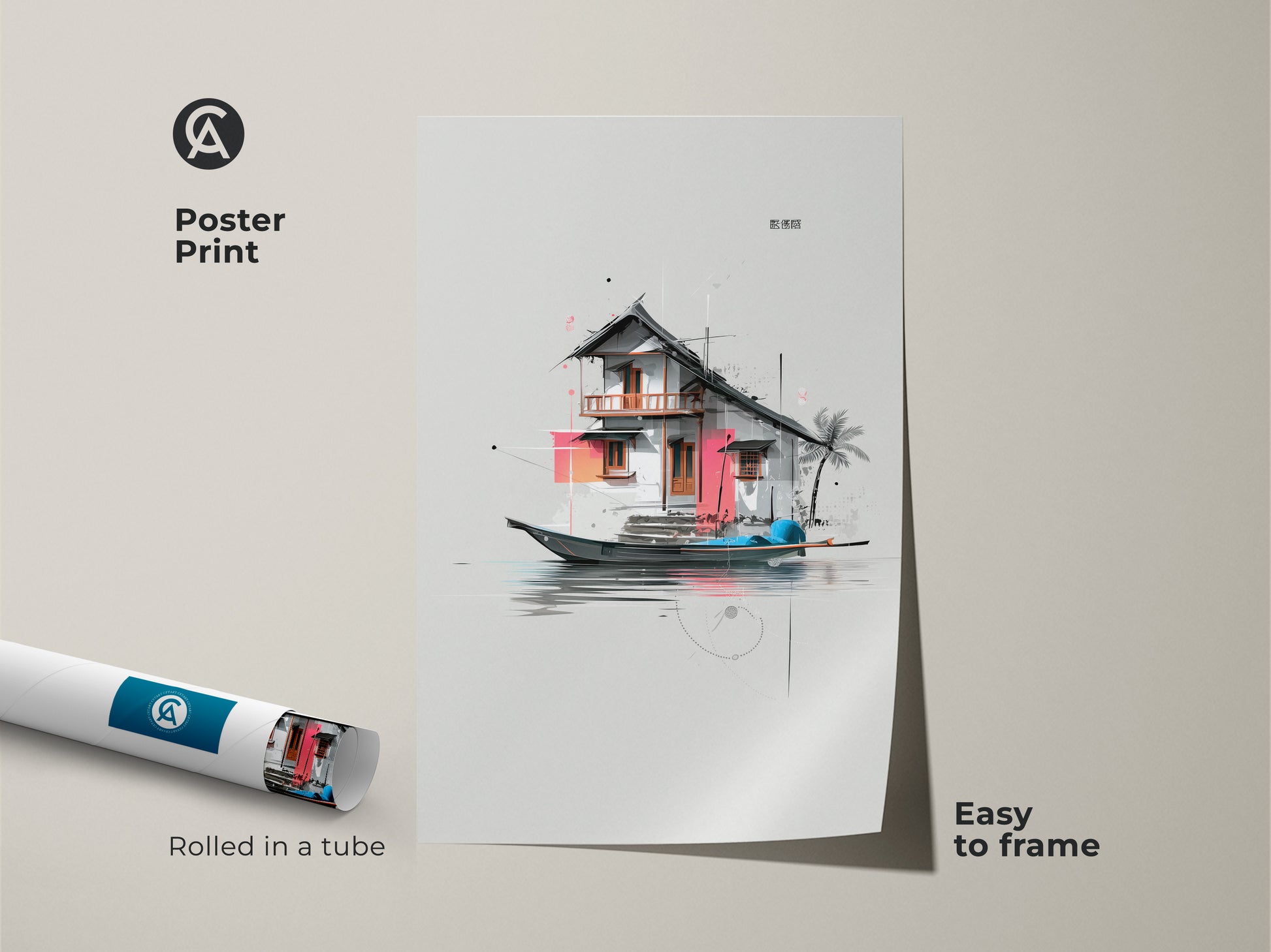 Poster print of an architectural floating house art. Rolled in a tube this minimalist artwork is easy to frame. Display this contemporary travel wall art for unique home decor.