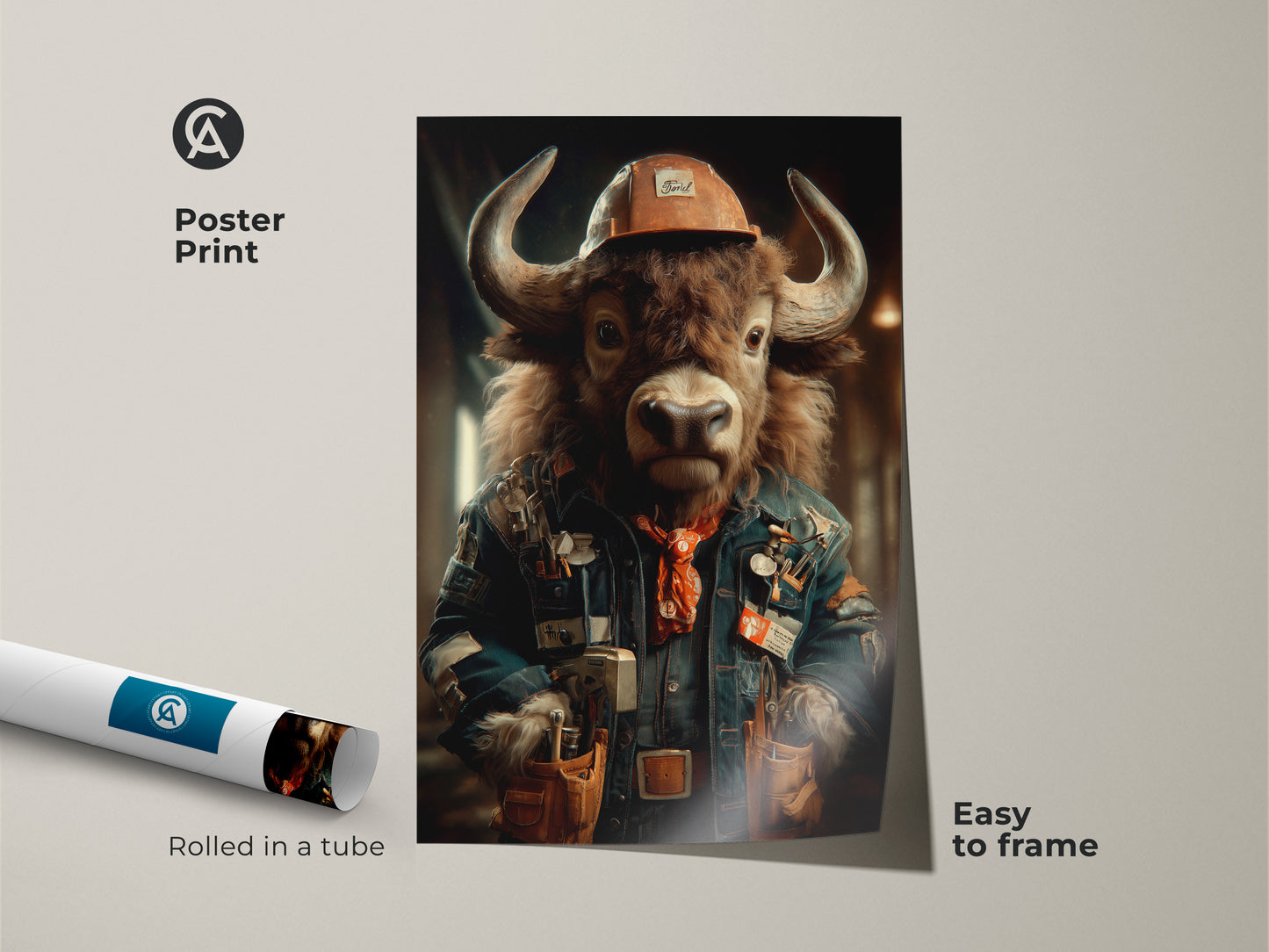 The poster print shows an industrial buffalo. It is a steampunk animal canvas wall art that is easy to frame. The artwork has a denim blue and orange color palette for unique office decor. This anthropomorphic buffalo artwork is a great Father's Day gift for a mechanic.