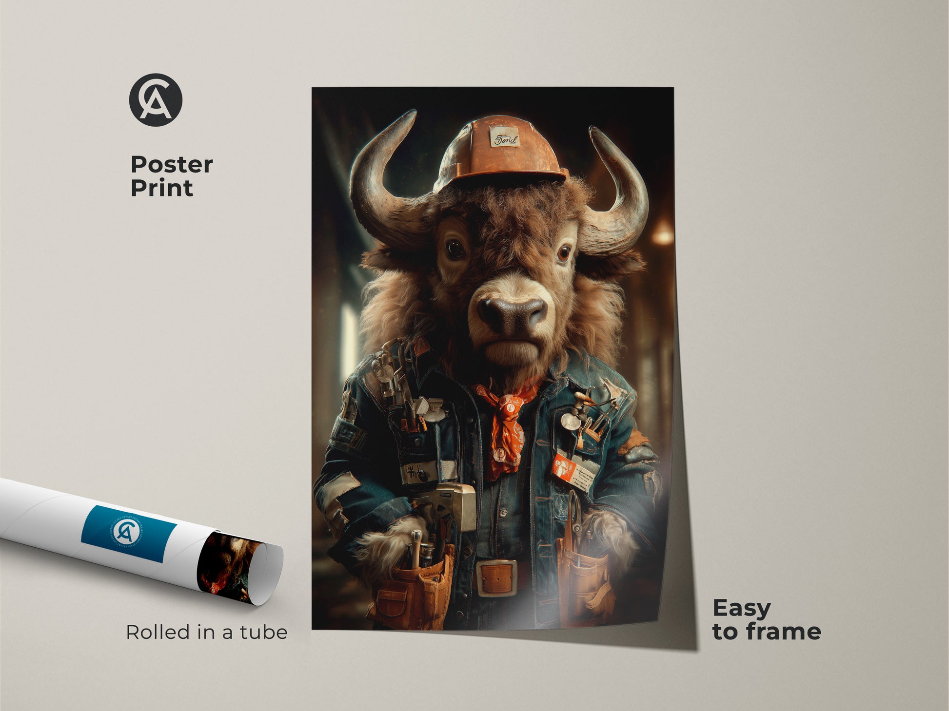 The poster print shows an industrial buffalo. It is a steampunk animal canvas wall art that is easy to frame. The artwork has a denim blue and orange color palette for unique office decor. This anthropomorphic buffalo artwork is a great Father's Day gift for a mechanic.