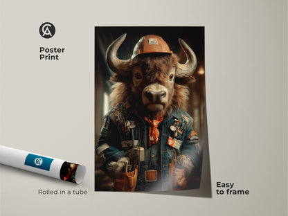 The poster print shows an industrial buffalo. It is a steampunk animal canvas wall art that is easy to frame. The artwork has a denim blue and orange color palette for unique office decor. This anthropomorphic buffalo artwork is a great Father's Day gift for a mechanic.