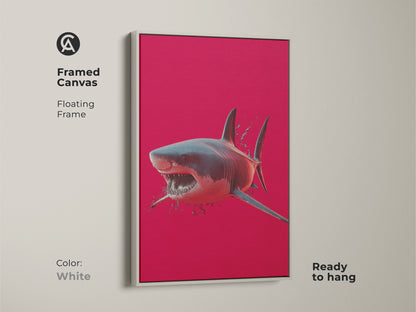 A framed canvas showcases great white shark art. The white floating frame highlights the crimson ocean wall art. This ready to hang red animal print is stunning. It's a unique animal artwork.