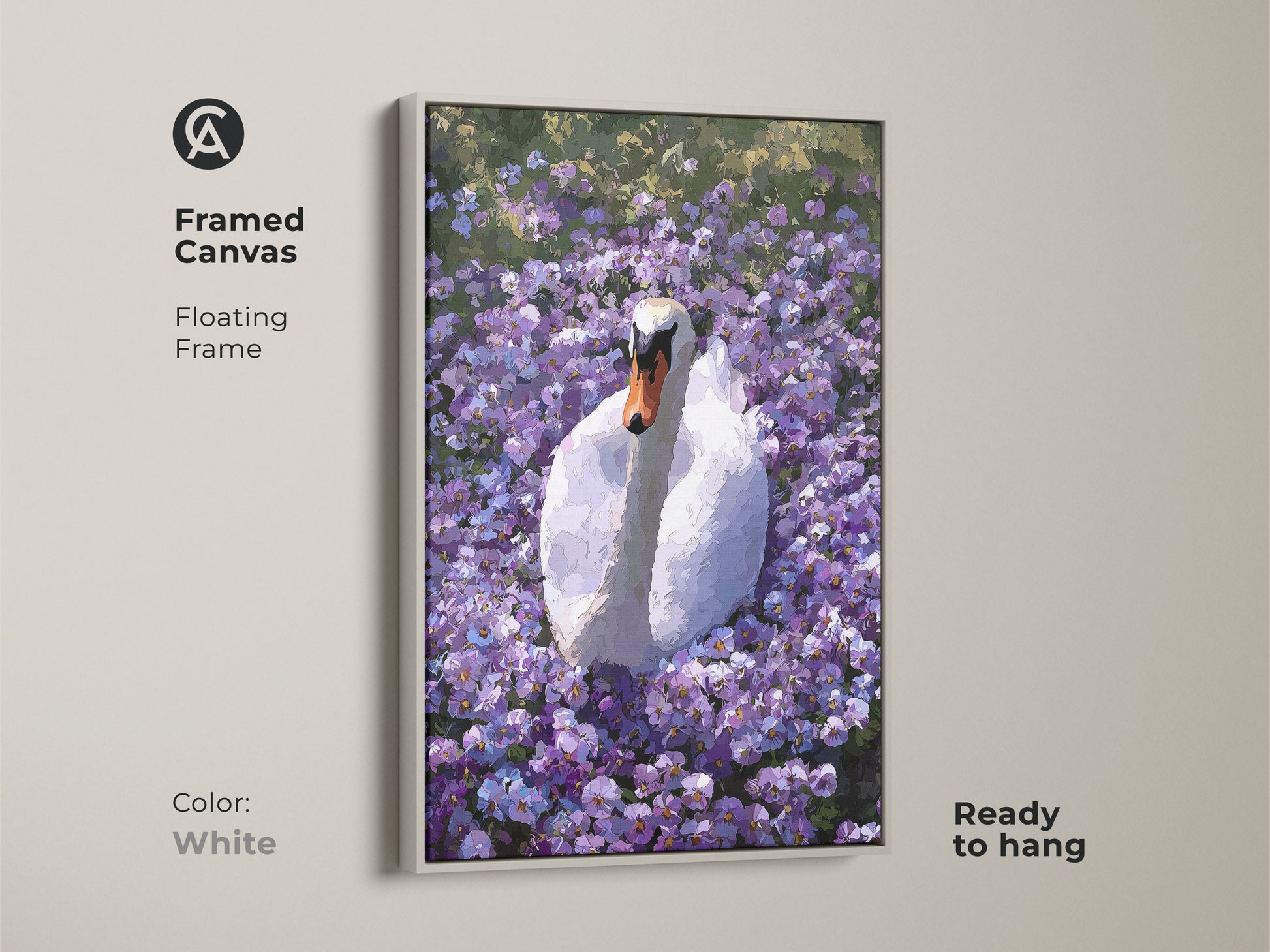 Framed canvas of the Botanical Swan artwork in a white floating frame. This purple floral wall art features an impressionist style. It is ready to hang. It is a great boho nature decor piece.