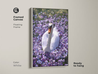 Framed canvas of the Botanical Swan artwork in a white floating frame. This purple floral wall art features an impressionist style. It is ready to hang. It is a great boho nature decor piece.