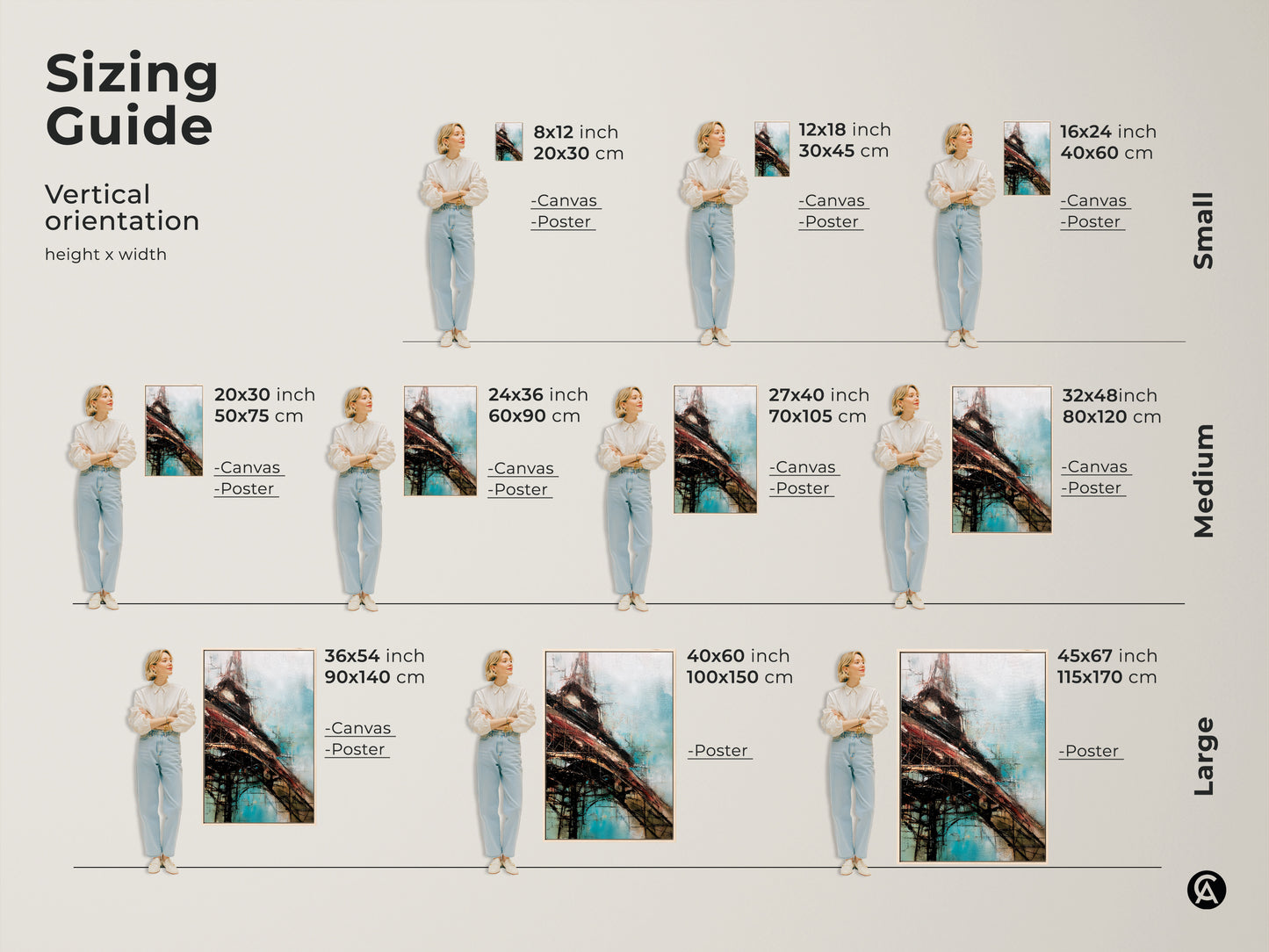 Sizing guide for vertical abstract construction art prints. Available as canvas or poster in small medium and large sizes. Find the perfect fit for your modern home or office decor.