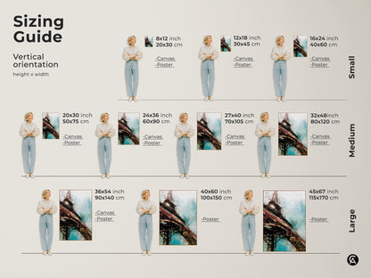 Sizing guide for vertical abstract construction art prints. Available as canvas or poster in small medium and large sizes. Find the perfect fit for your modern home or office decor.
