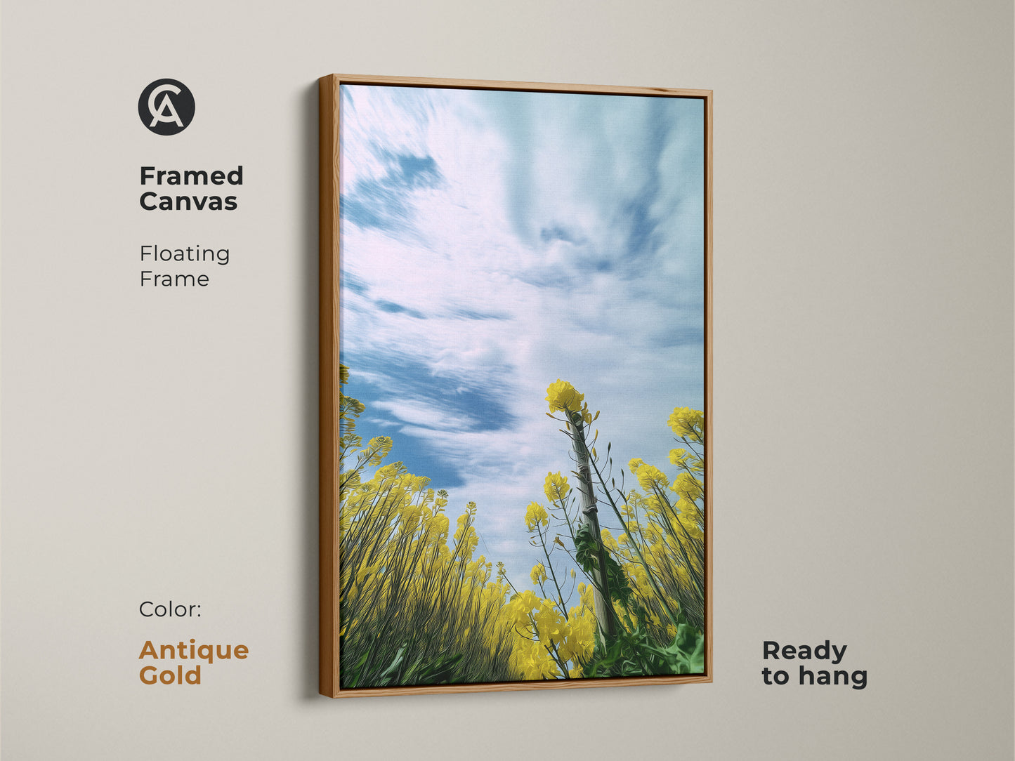 Framed canvas print of an impressionistic yellow canola field with an antique gold floating frame. The artwork features blooming yellow flowers against a blue sky. This spring landscape wall art is ready to hang. It is a perfect piece of boho home decor art. A great gift for nature lovers.