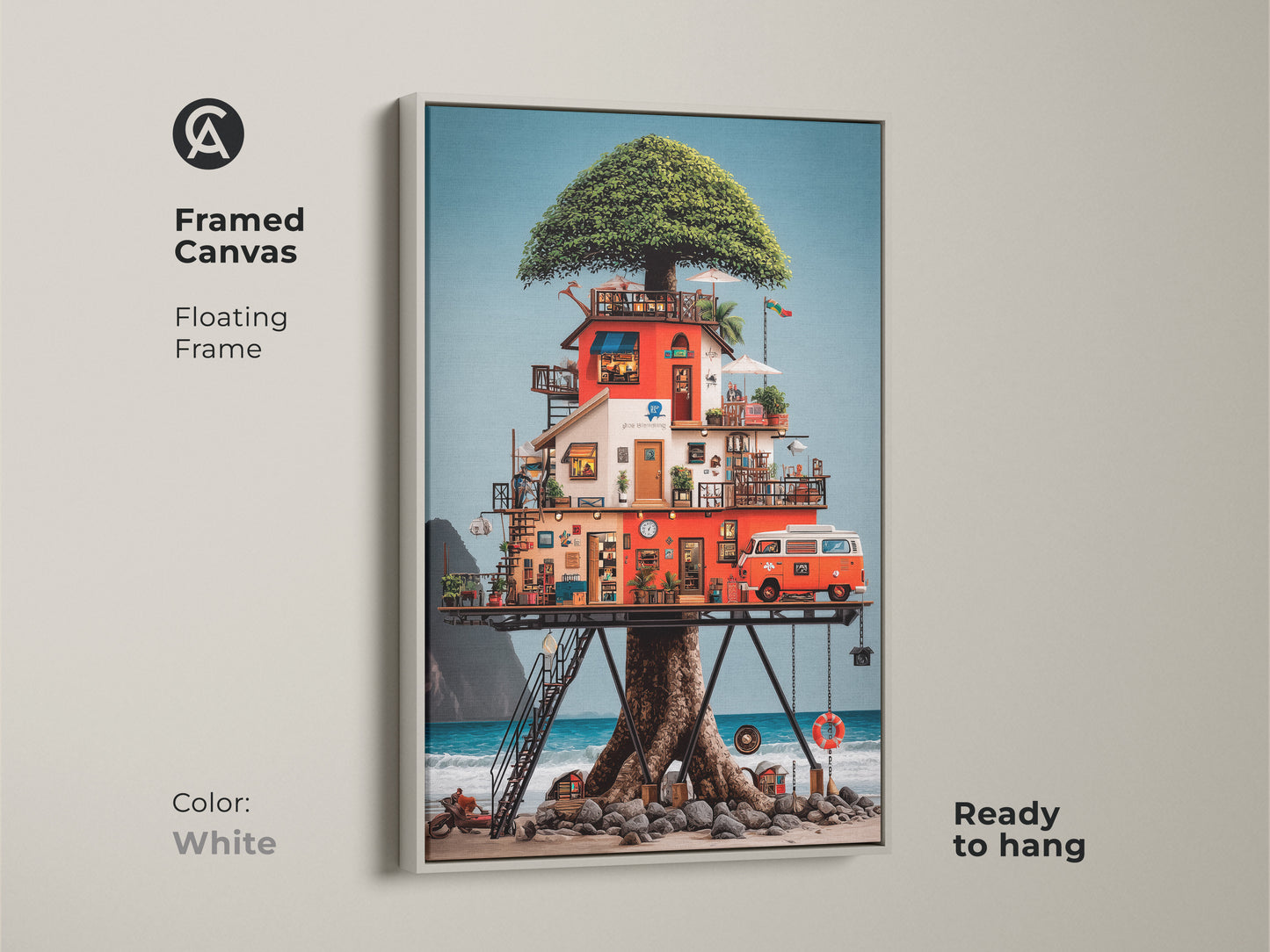 This framed canvas art displays an eclectic treehouse on a beach with a vintage camper van. The floating frame is white and ready to hang. This nature-inspired artwork is a great addition to any living room or office.