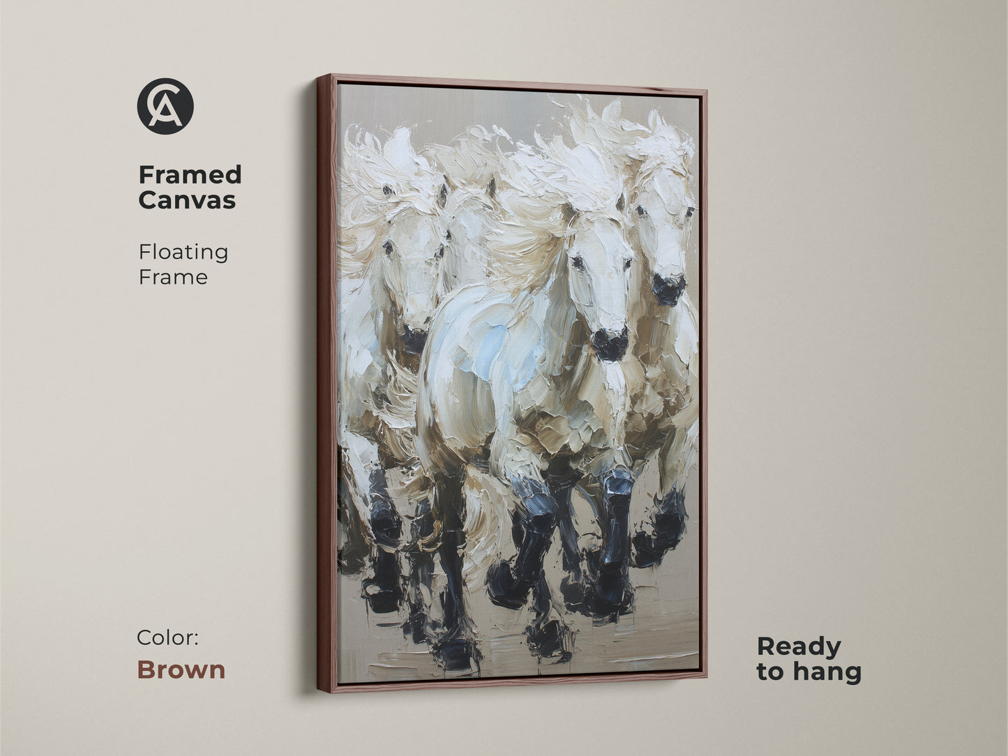 Framed Canvas of Galloping White Horses in a brown floating frame. This piece of fine art horse gallop adds sophistication to your space. The neutral tone animal art is ready to hang. It is ideal for horse theme bedroom decor.