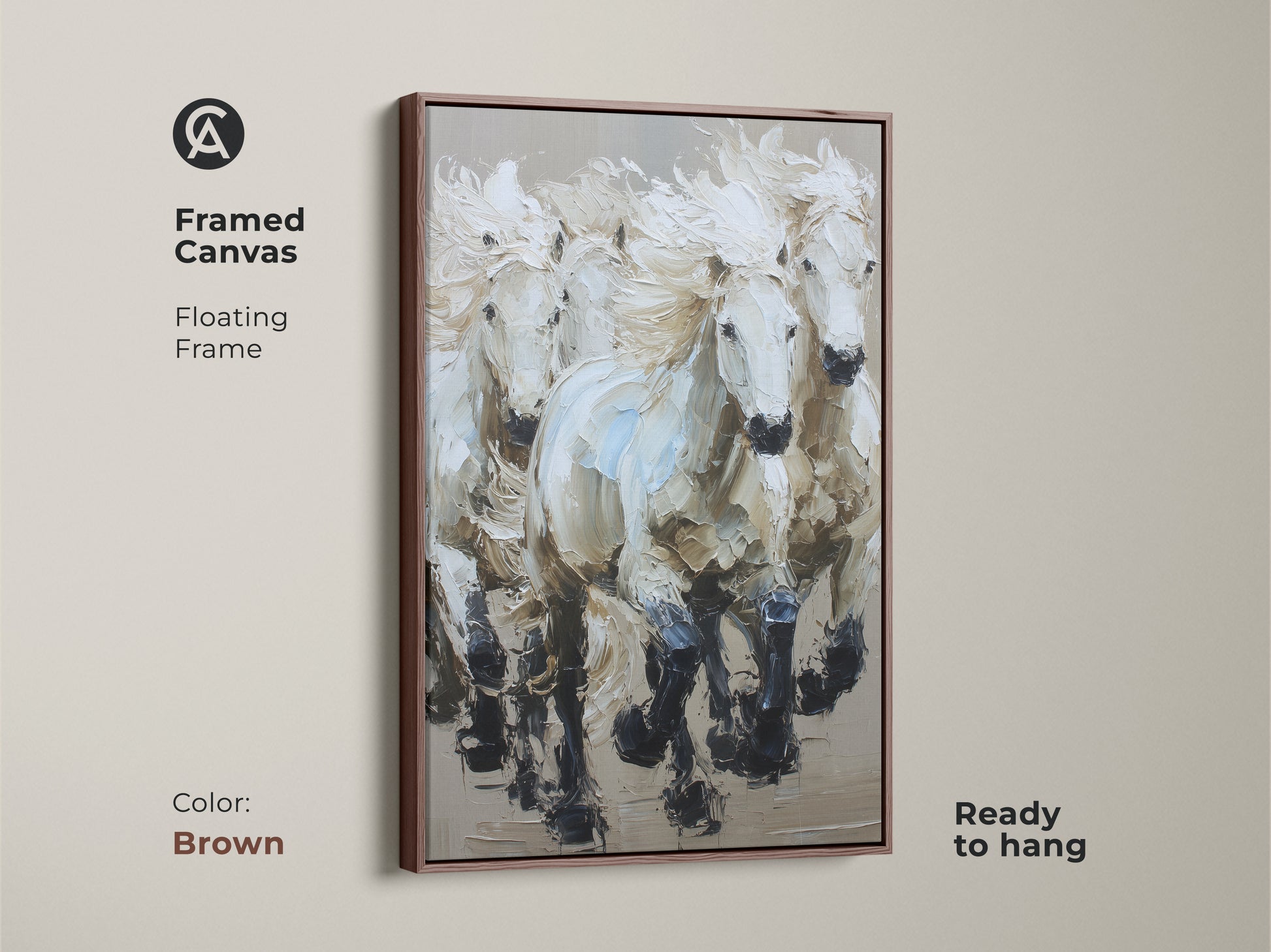 Framed Canvas of Galloping White Horses in a brown floating frame. This piece of fine art horse gallop adds sophistication to your space. The neutral tone animal art is ready to hang. It is ideal for horse theme bedroom decor.
