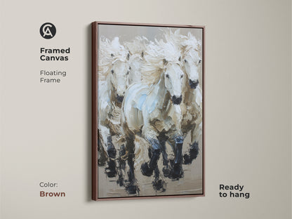 Framed Canvas of Galloping White Horses in a brown floating frame. This piece of fine art horse gallop adds sophistication to your space. The neutral tone animal art is ready to hang. It is ideal for horse theme bedroom decor.