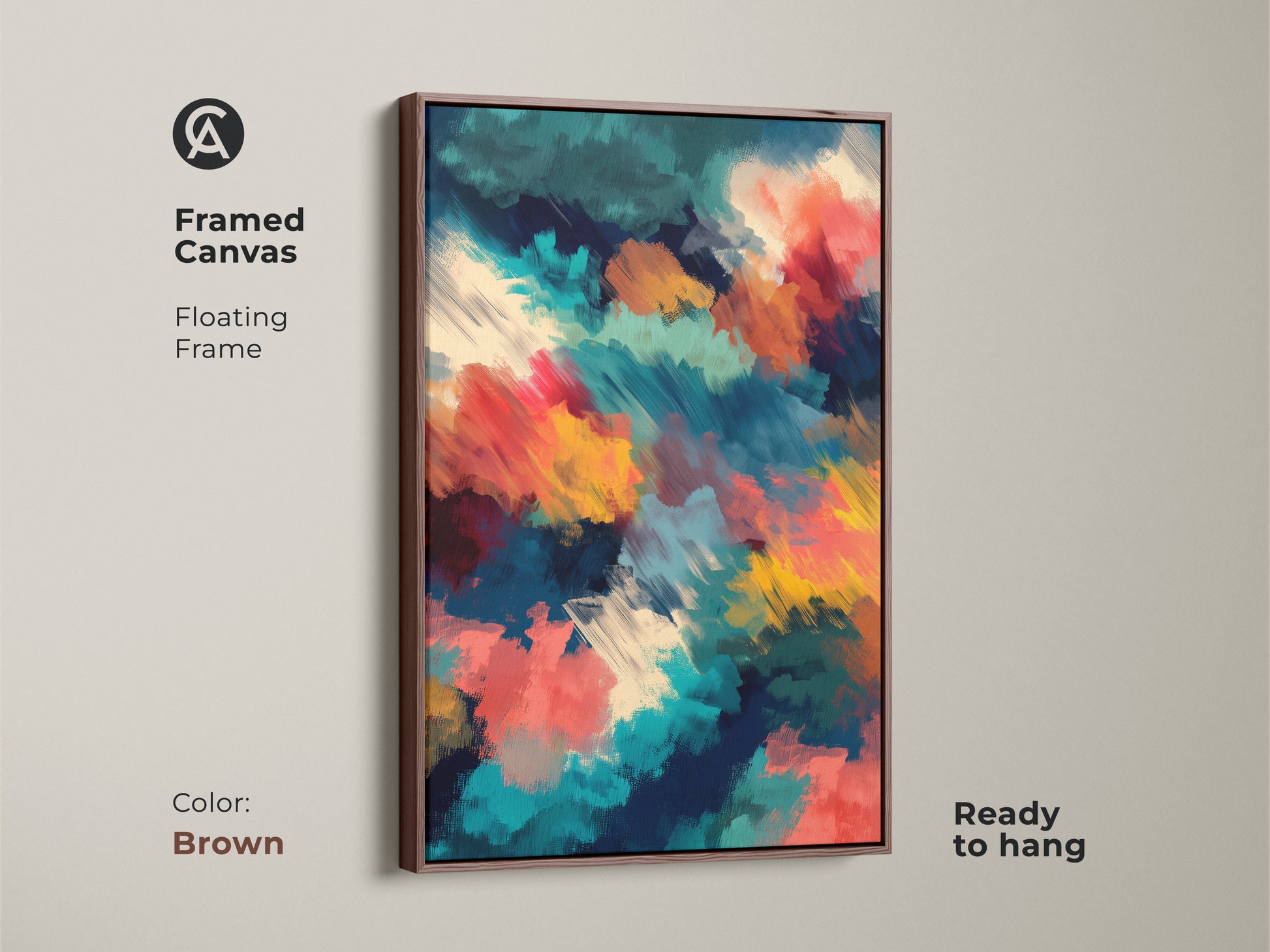 Framed canvas with floating frame featuring abstract artwork. The brown frame enhances the colors of teal red and yellow. This modern art piece is ready to hang. A great addition to any home.