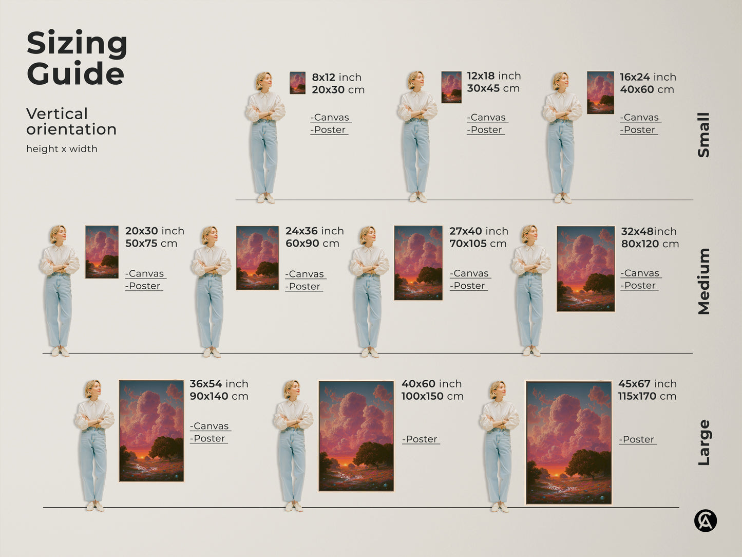 Sizing guide for vertical dreamy cloudscape art. Available in small medium and large sizes. Canvas and poster options shown with a model for scale. Find the perfect fit for your space with this nature trees canvas art.