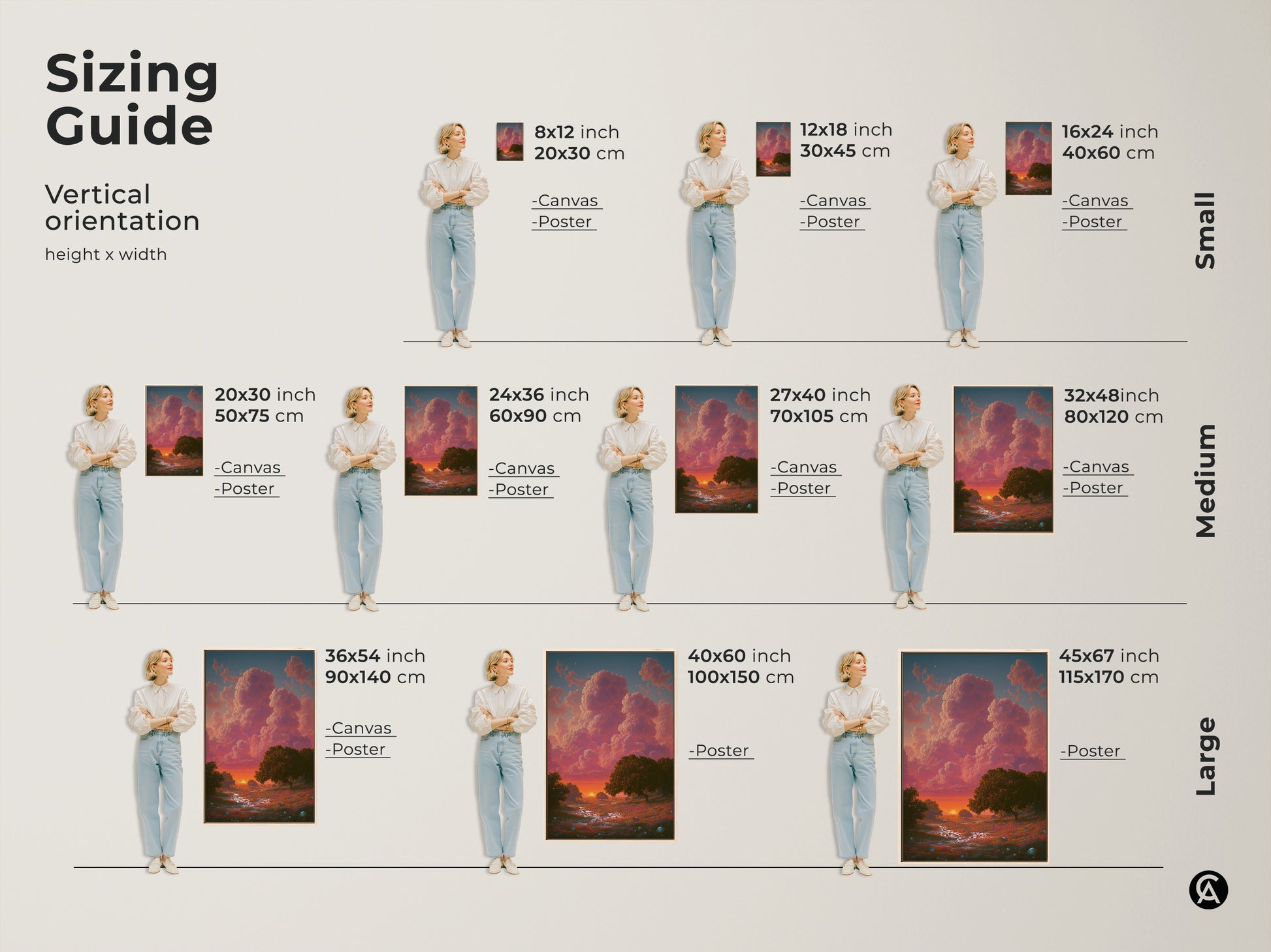 Sizing guide for vertical dreamy cloudscape art. Available in small medium and large sizes. Canvas and poster options shown with a model for scale. Find the perfect fit for your space with this nature trees canvas art.