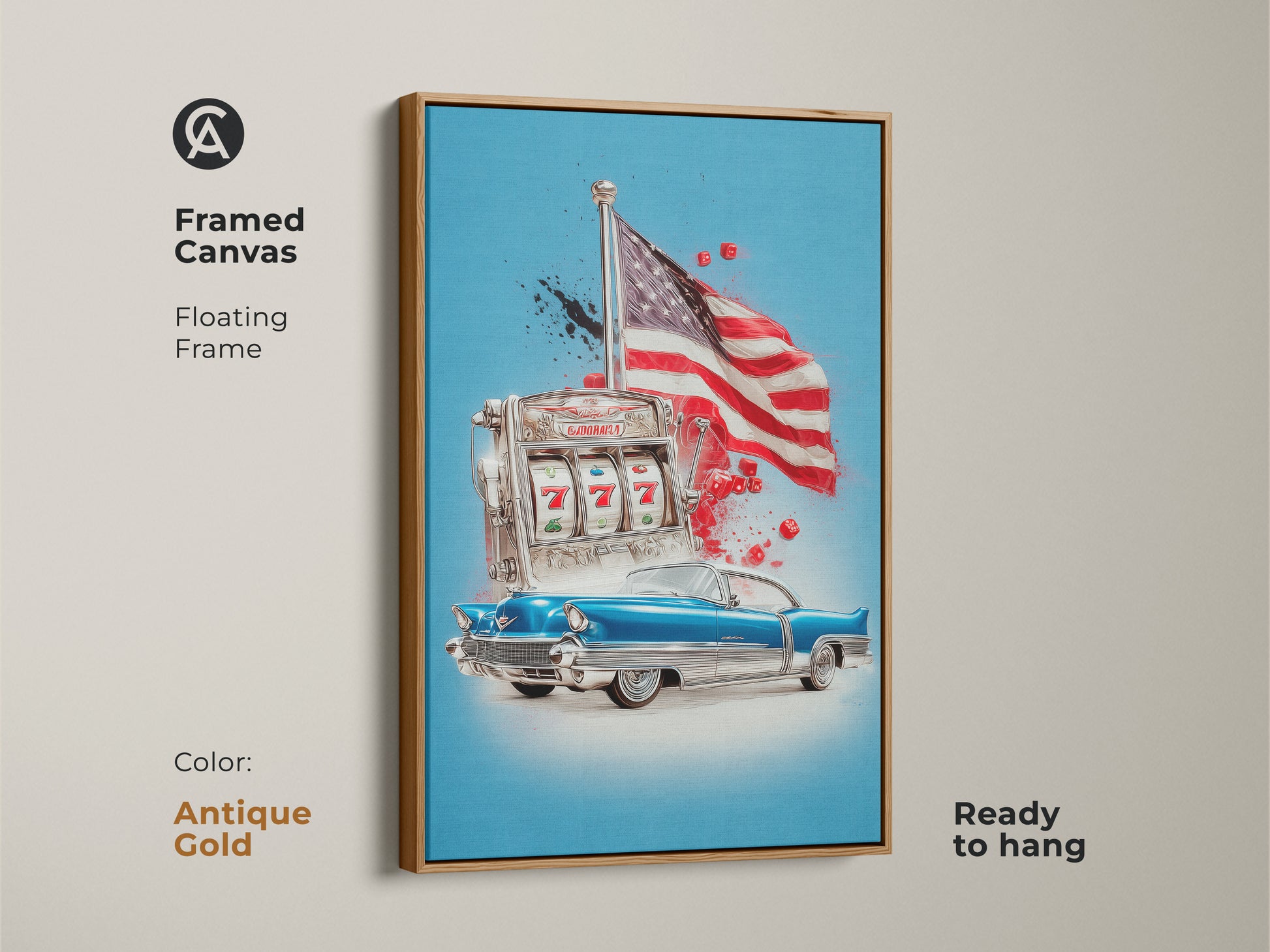 Framed in antique gold this canvas art print features a retro pop art. Classic car a slot machine and the American Flag create a dynamic Americana theme. The floating frame enhances this office art making it ready to hang as man cave decor or eclectic home artwork.