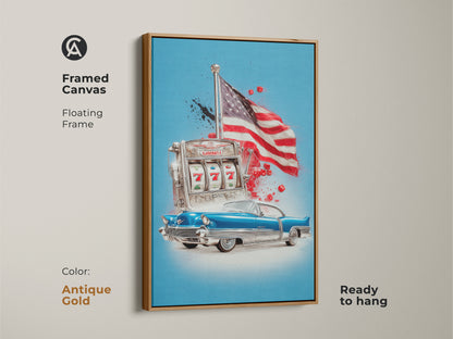 Framed in antique gold this canvas art print features a retro pop art. Classic car a slot machine and the American Flag create a dynamic Americana theme. The floating frame enhances this office art making it ready to hang as man cave decor or eclectic home artwork.