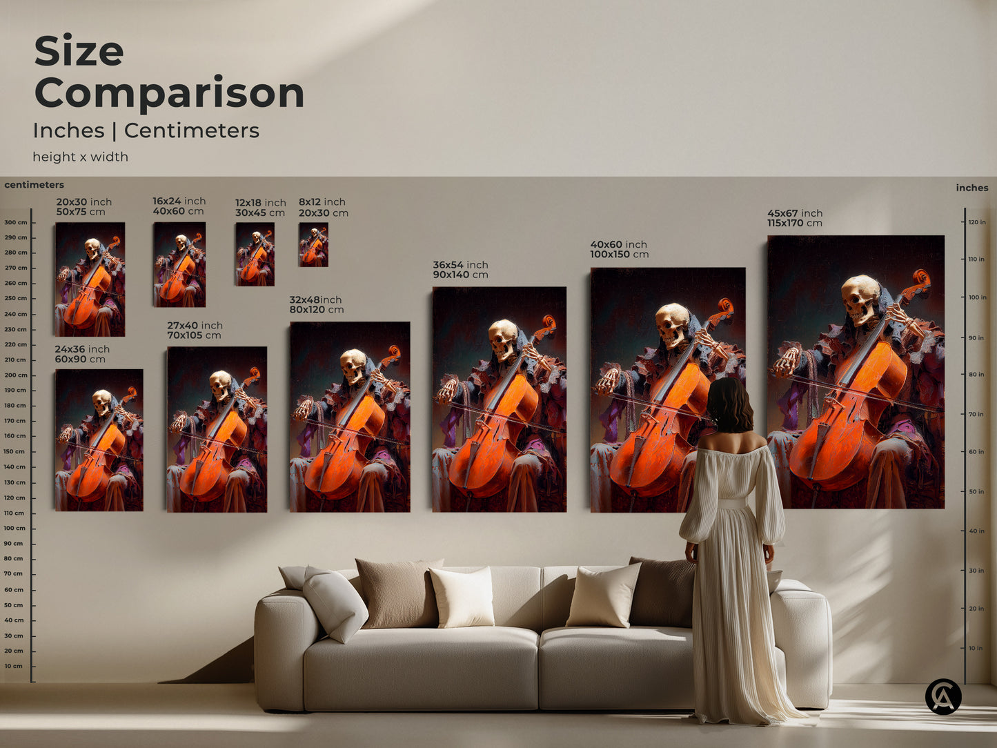 Size comparison of skeleton cello artwork in inches and centimeters. Featuring a macabre music canvas print. Perfect for a dark music poster. Consider bone art wall decor.