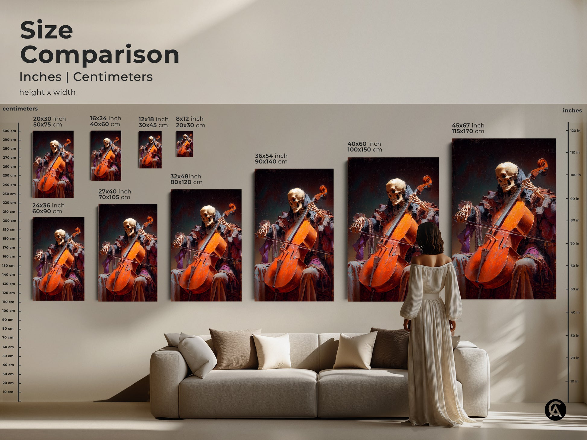 Size comparison of skeleton cello artwork in inches and centimeters. Featuring a macabre music canvas print. Perfect for a dark music poster. Consider bone art wall decor.