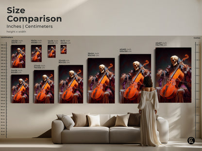 Size comparison of skeleton cello artwork in inches and centimeters. Featuring a macabre music canvas print. Perfect for a dark music poster. Consider bone art wall decor.