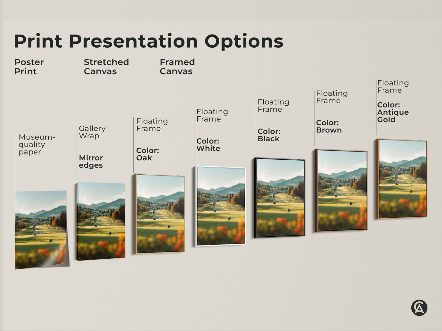 Explore various print presentation options. Choose from poster prints stretched canvas and framed canvas. Each offers a unique way to display the stunning golf course artwork. Find the perfect style to match your taste and decor. Enjoy museum-quality paper and gallery wrapped canvas.